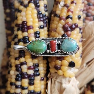 Native American Navajo Handmade Triple Stone Turquoise & Coral Pendant 🩵♥️💚